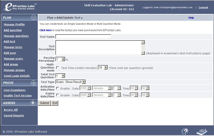 Screenshot of Online Test/Exam Management Software Academic Edition